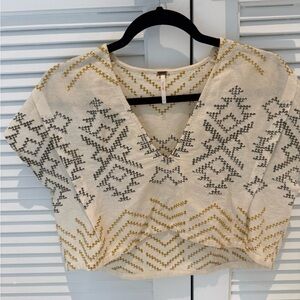 Free People Cream and Gold Patterned Crop Top